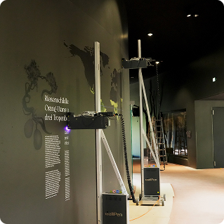 Wanddruck Zoo Dresden – WallPen Drucker beim Bedrucken der dunklen gekrümmten Ausstellungswand